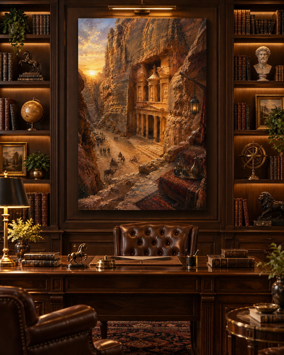 Lienzo de Petra en tonos ocre en una biblioteca de madera oscura con escritorio y sillón capitoné