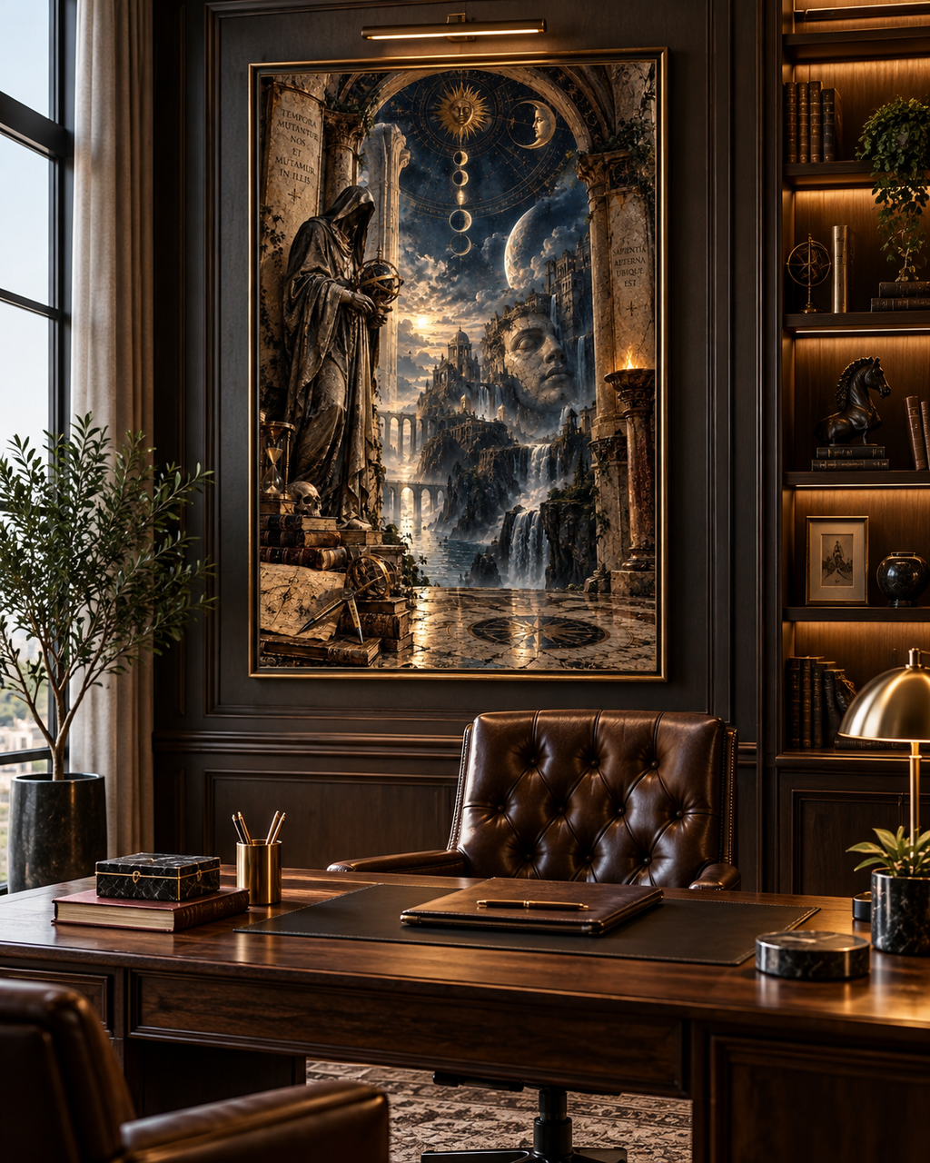 Lienzo El Guardián del Tiempo en un despacho de madera oscura con escritorio, sillón capitoné y estanterías