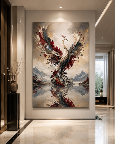 Arte decorativo de grulla en vuelo con reflejo en el agua