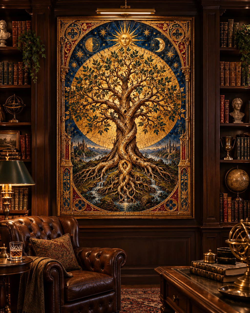 Lienzo místico del Árbol de la Vida en una biblioteca oscura con sillón de cuero y mesa de centro de madera