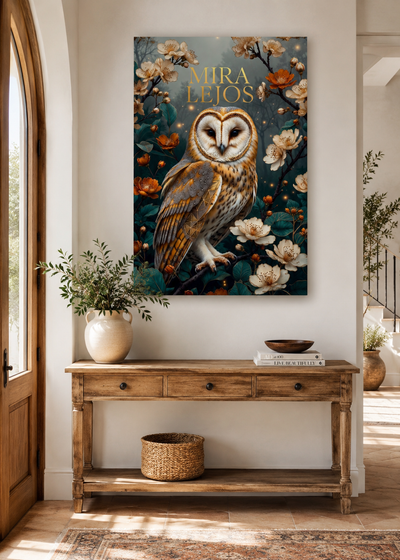 Lienzo decorativo de búho con geometría y elementos naturales