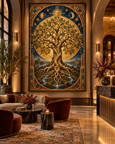 Cuadro del Árbol de la Vida dorado en un salón con butacas de terciopelo granate y mesa auxiliar de madera