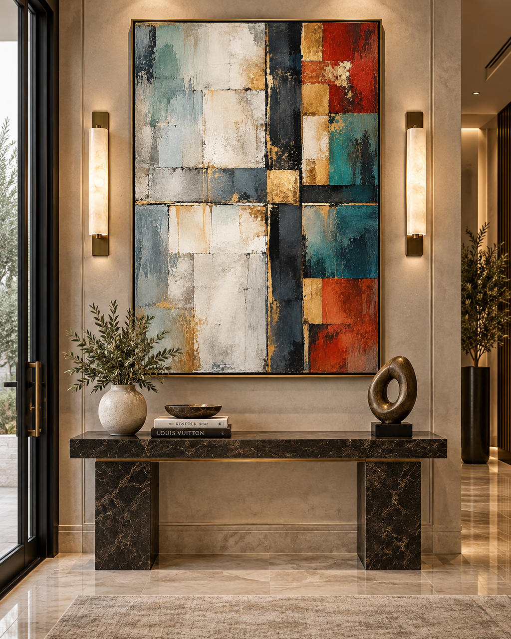 Lienzo Mosaico en Gris, Rojo y Oro colocado en recibidor moderno