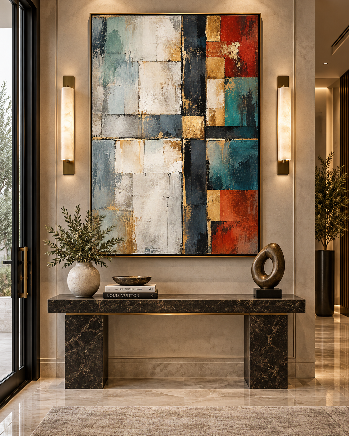 Lienzo Mosaico en Gris, Rojo y Oro colocado en recibidor moderno