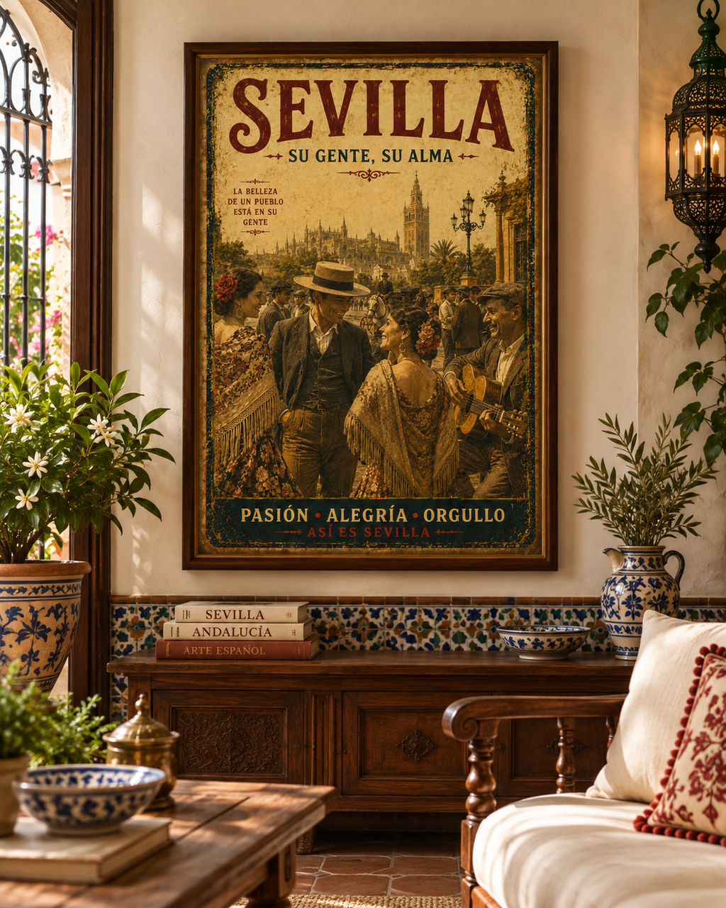 Lienzo cartel Sevilla Su Gente Su Alma en salón luminoso de estilo mediterráneo, marco no incluido