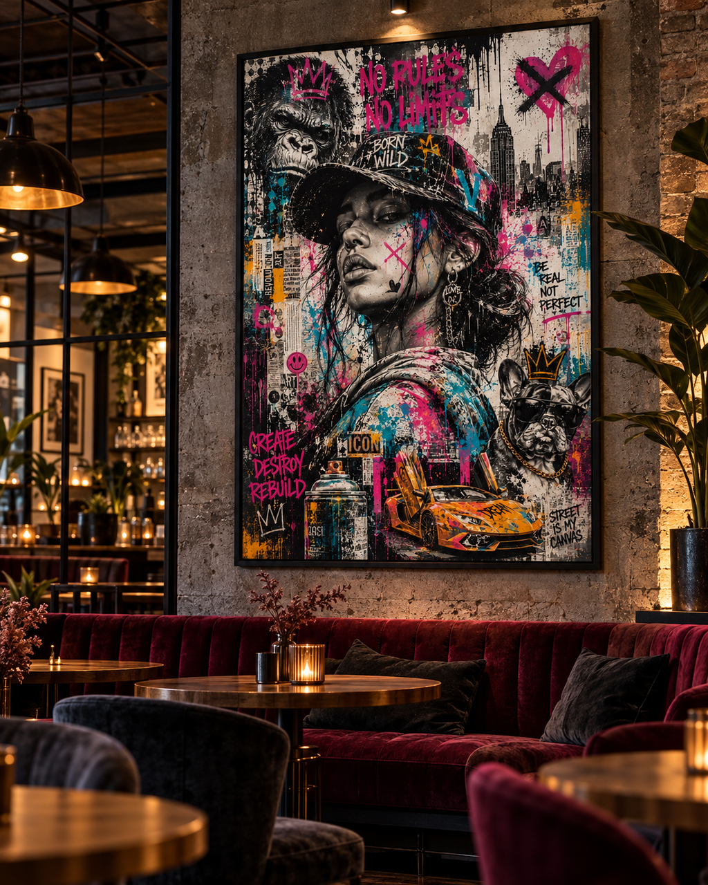 Cuadro pop urbano Born Wild en un bar de ambiente industrial con sofás de terciopelo granate y mesas redondas