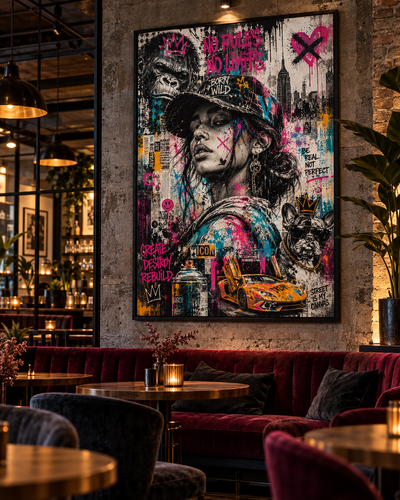 Cuadro pop urbano Born Wild en un bar de ambiente industrial con sofás de terciopelo granate y mesas redondas