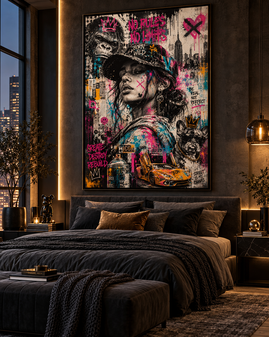 Lienzo street pop Born Wild sobre la cama de un dormitorio oscuro con ropa de cama gris y vistas a la ciudad