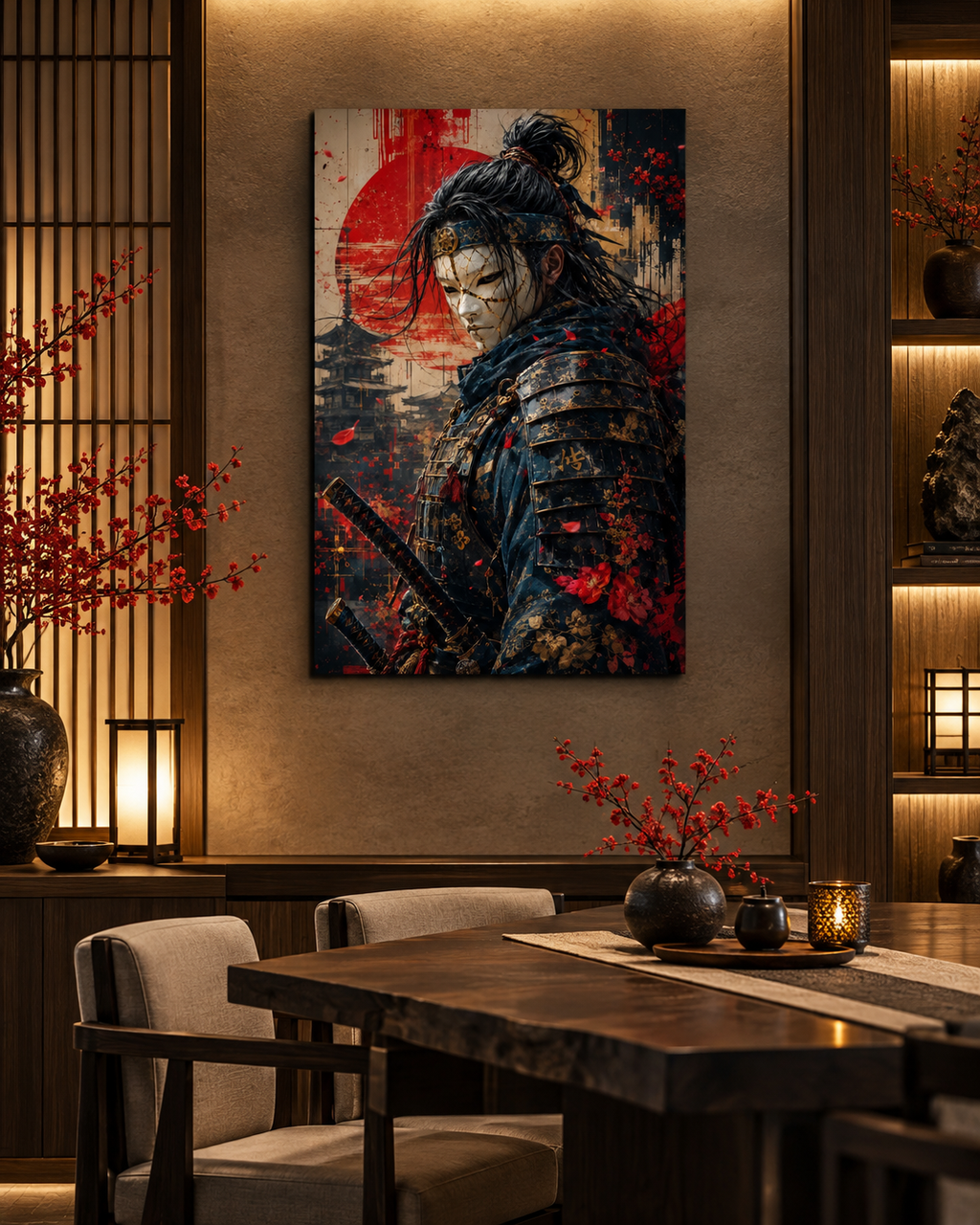 Lienzo de samurái con sol rojo y pagoda sobre un comedor de madera con ramas de ciruelo rojo y velas