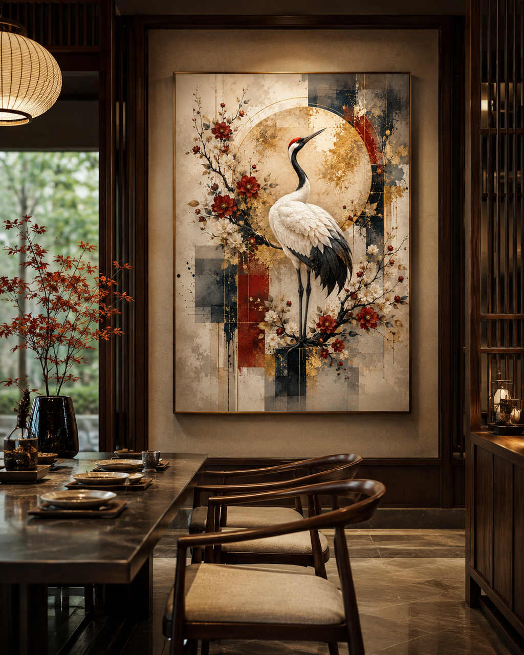 Lienzo impreso oriental de grulla japonesa en despacho minimalista