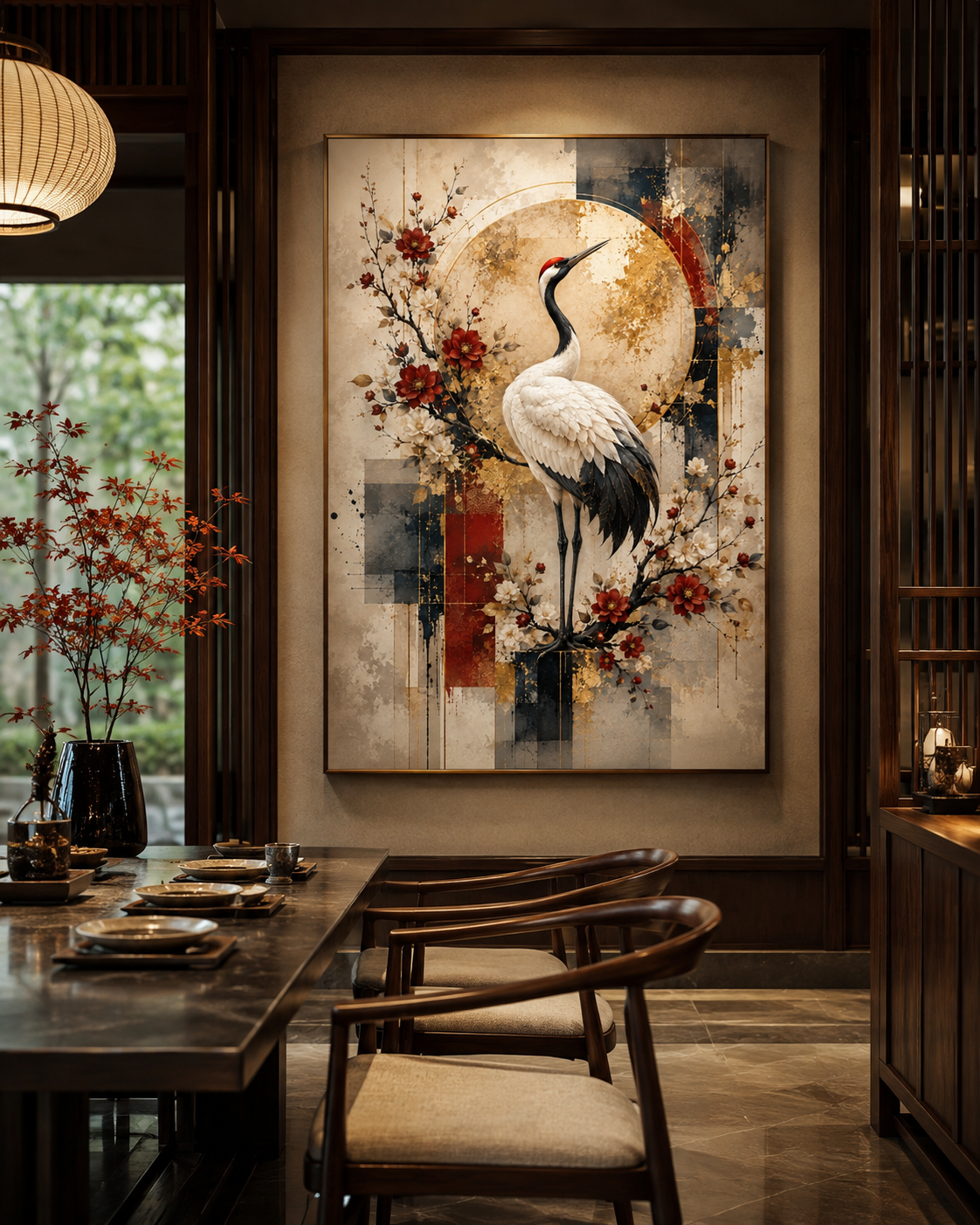 Lienzo impreso oriental de grulla japonesa en despacho minimalista