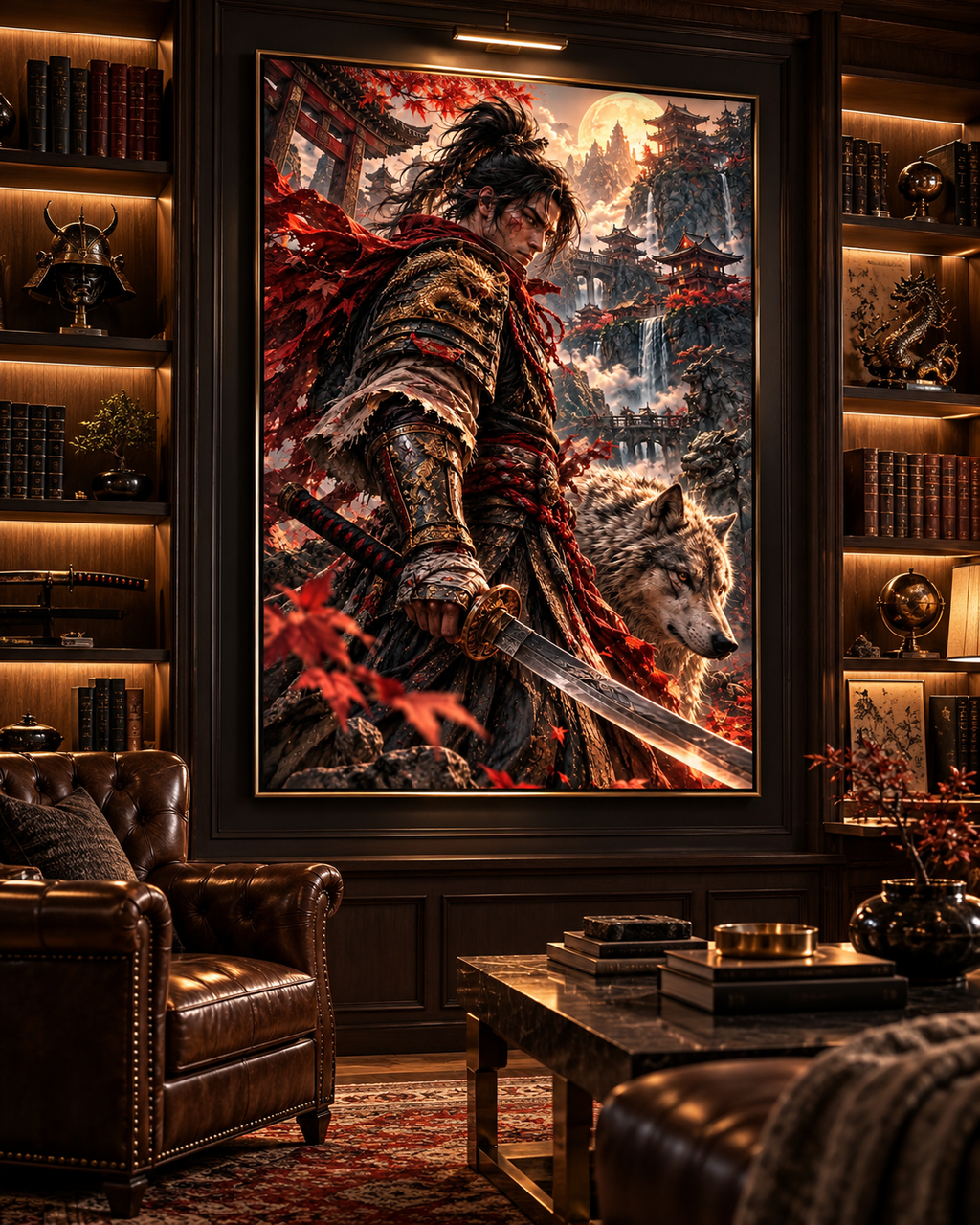 Lienzo Samurái y Lobo entre Arces Rojos, arte japonés impreso en algodón premium (vista 6 de 10)