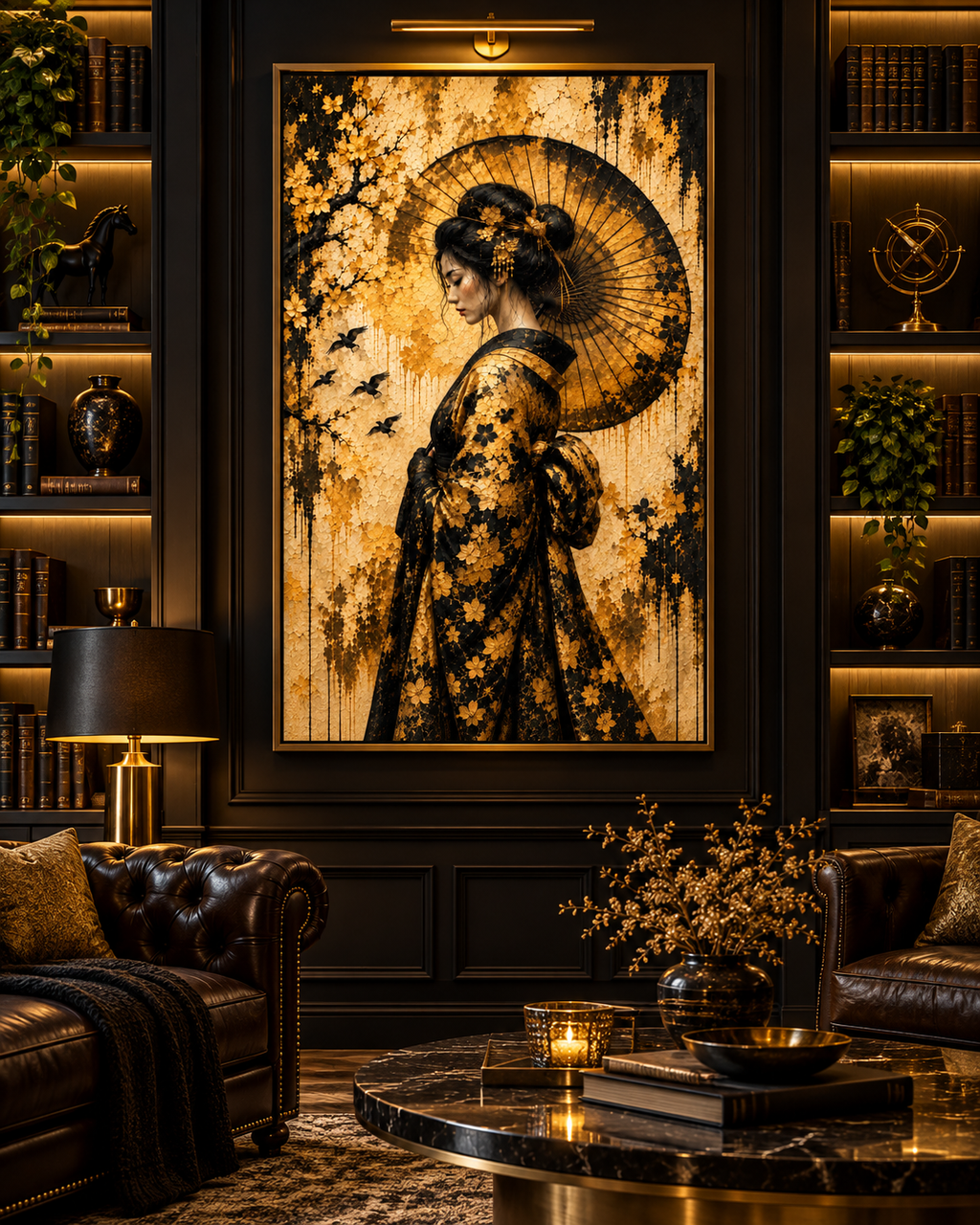 Cuadro de geisha en dorado y negro en una biblioteca oscura con sofá Chesterfield y estanterías iluminadas