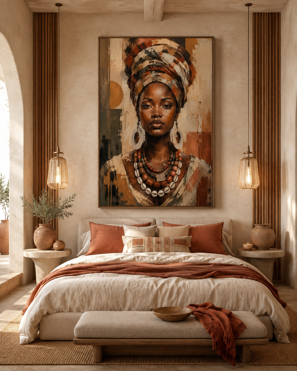 Retrato de Mujer Africana con Turbante y Collar de Cauris en Lienzo | Arte Étnico Contemporáneo