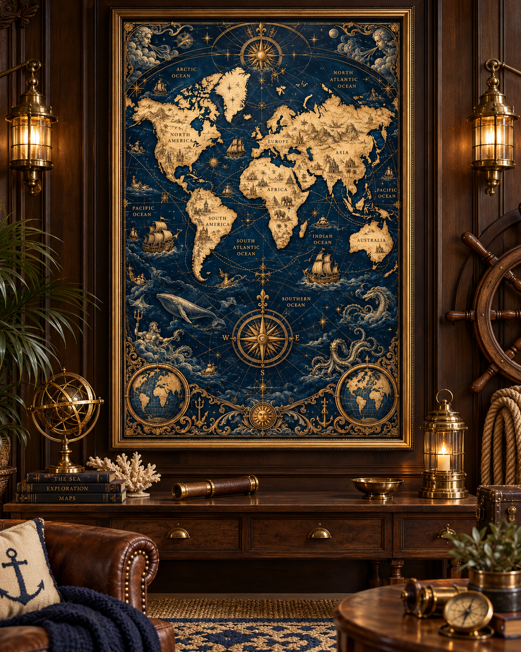 Lienzo de mapa mundi antiguo en azul y oro con rosa de los vientos, mostrado con marco en un despacho náutico con timón