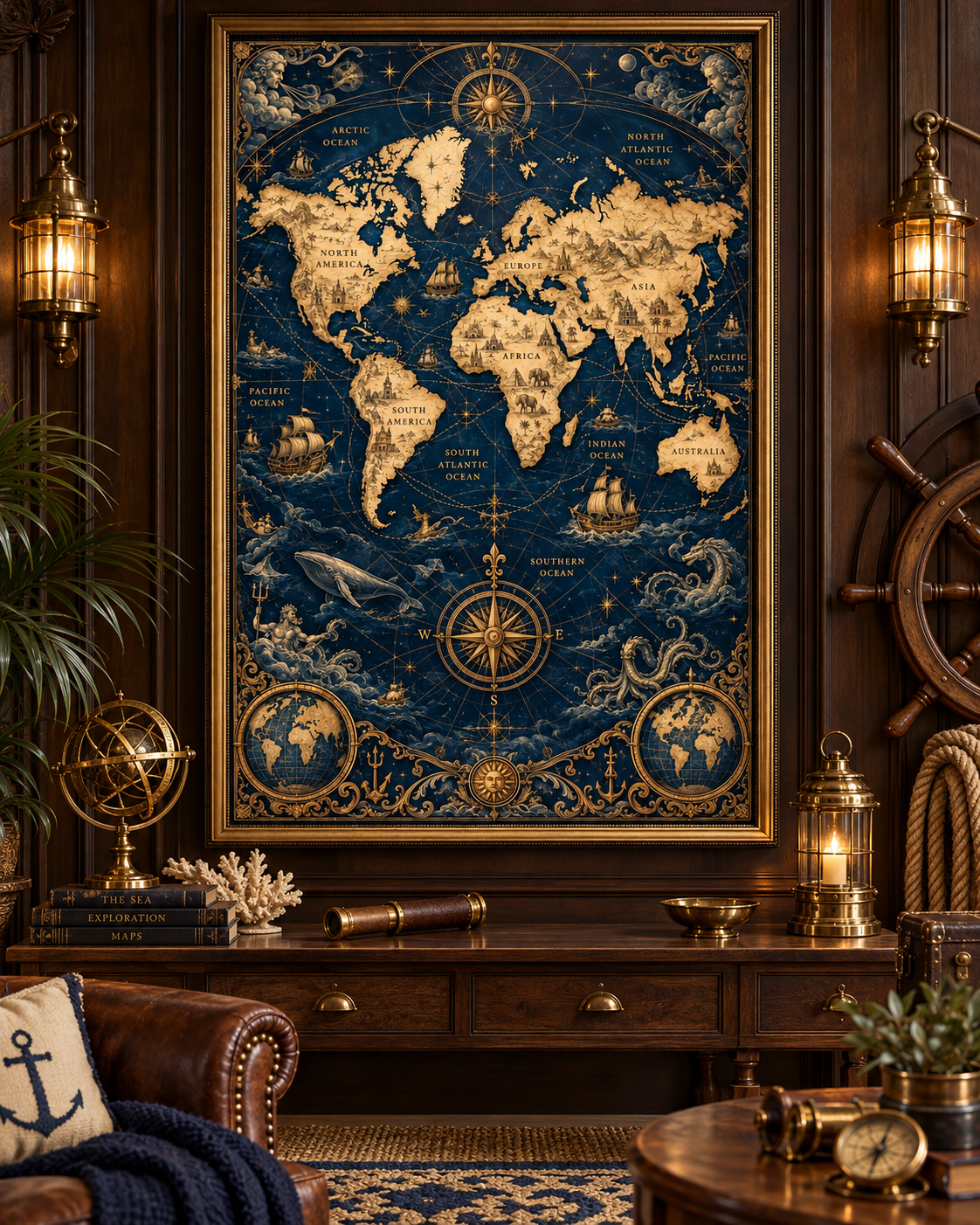 Lienzo de mapa mundi antiguo en azul y oro con rosa de los vientos, mostrado con marco en un despacho náutico con timón