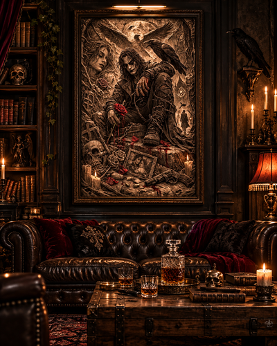 Lienzo gótico con cuervo y figura enigmática sobre un sofá Chesterfield en un salón con licoreras y velas