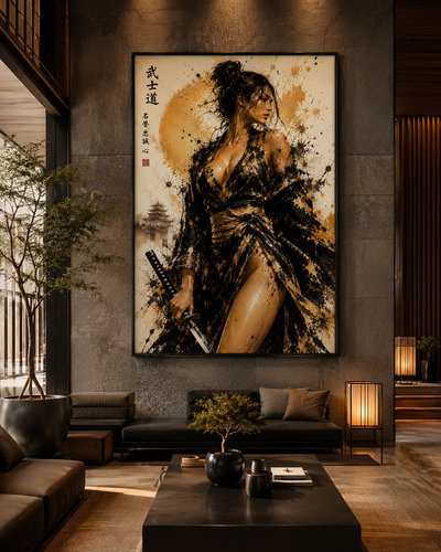 Lienzo japonés refinado de Onna-Bugeisha en tonos oscuros y dorados