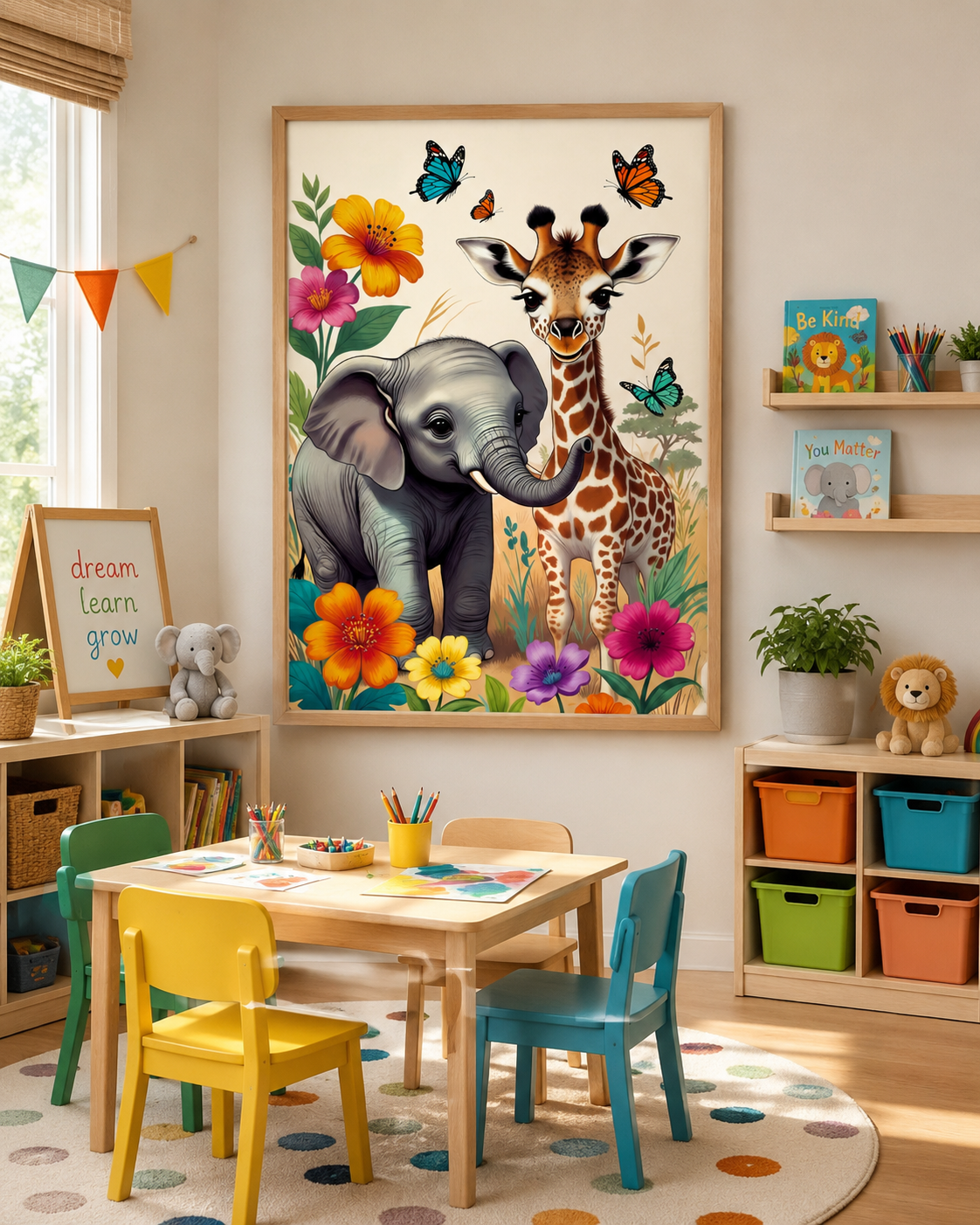 Lienzo infantil impreso de animales junto a estantería de cuentos