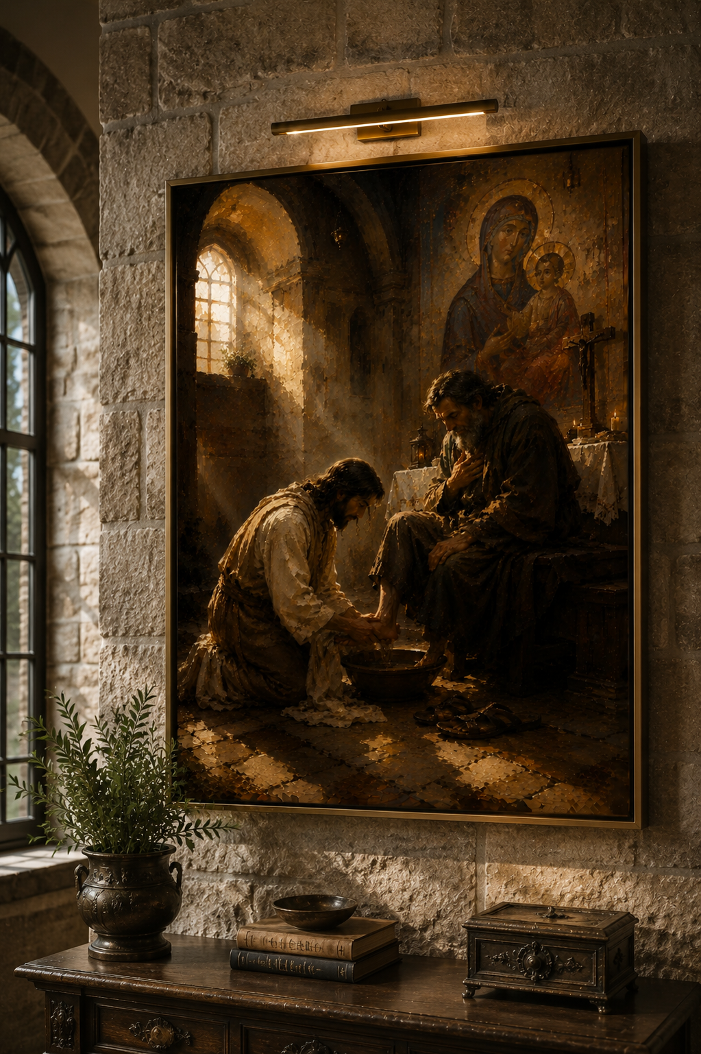 Lienzo religioso del Lavatorio de los Pies en un entorno tipo galería