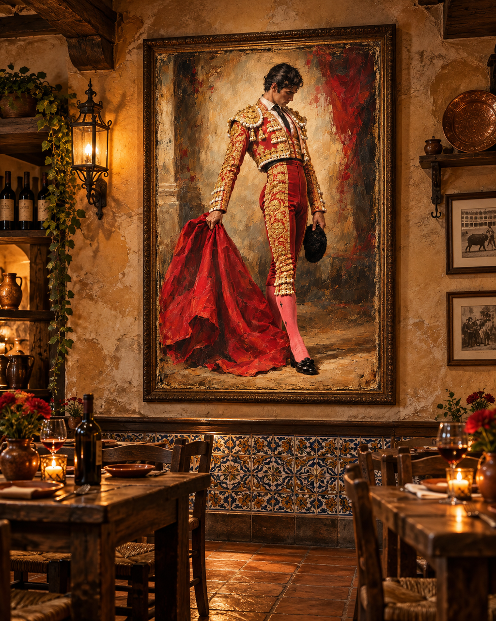 Cuadro El Torero en una taberna española con azulejos, botellas de vino, mesas de madera y velas encendidas