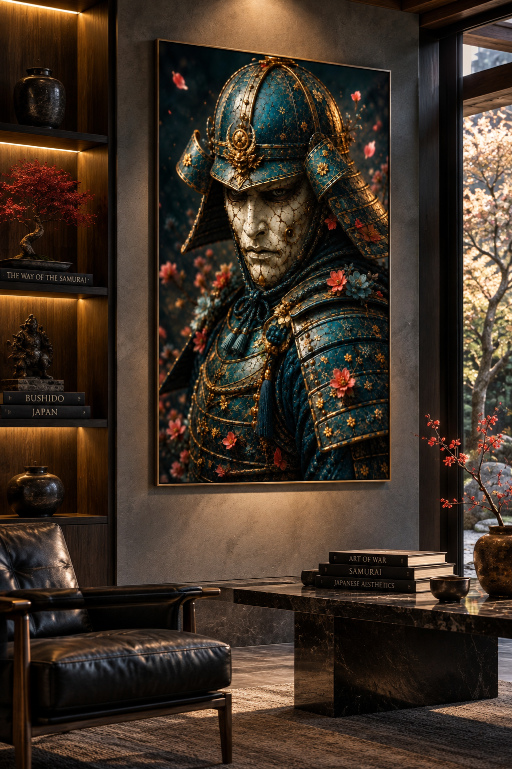 Blue and Gold Samurai with Cherry Blossoms | Japanese Canvas