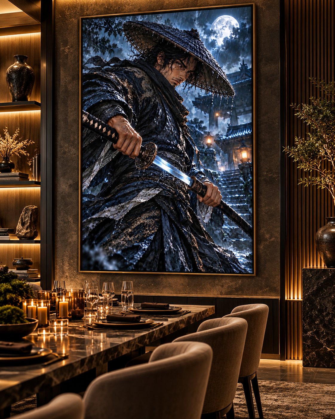 Lienzo Ronin bajo la Lluvia, samurái con katana impreso en algodón premium (vista 5 de 11)