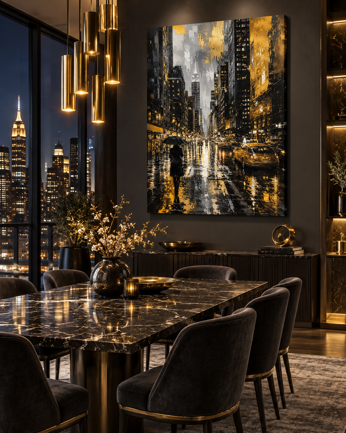 Nueva York Bajo la Lluvia | Lienzo de Arte Urbano en Negro y Dorado