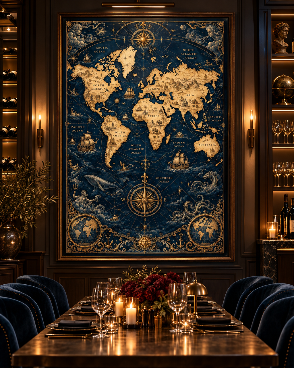 Lienzo de mapa antiguo azul y dorado sobre una mesa de comedor con sillas de terciopelo azul y velas