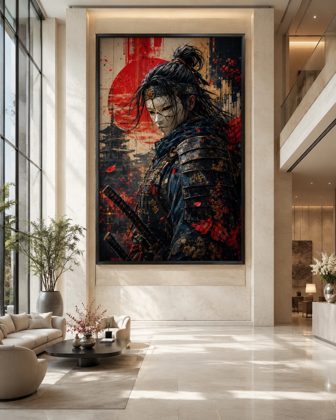 Samurái con Máscara Blanca y Sol Naciente en Lienzo | Arte Guerrero Japonés con Katana y Pagoda