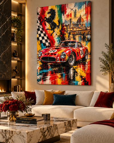 Cuadro de coche deportivo clásico en rojo, amarillo y negro en un salón moderno con sofá crema y cojines de color