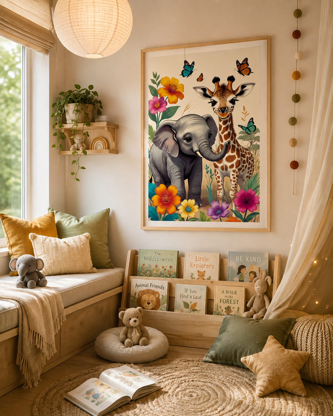 Lienzo infantil de elefante y jirafa sobre mueble de almacenaje con juguetes de madera