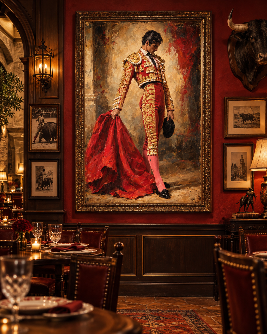 Cuadro taurino de torero sobre pared roja en un restaurante con cabeza de toro, fotografías taurinas y mesas con copas