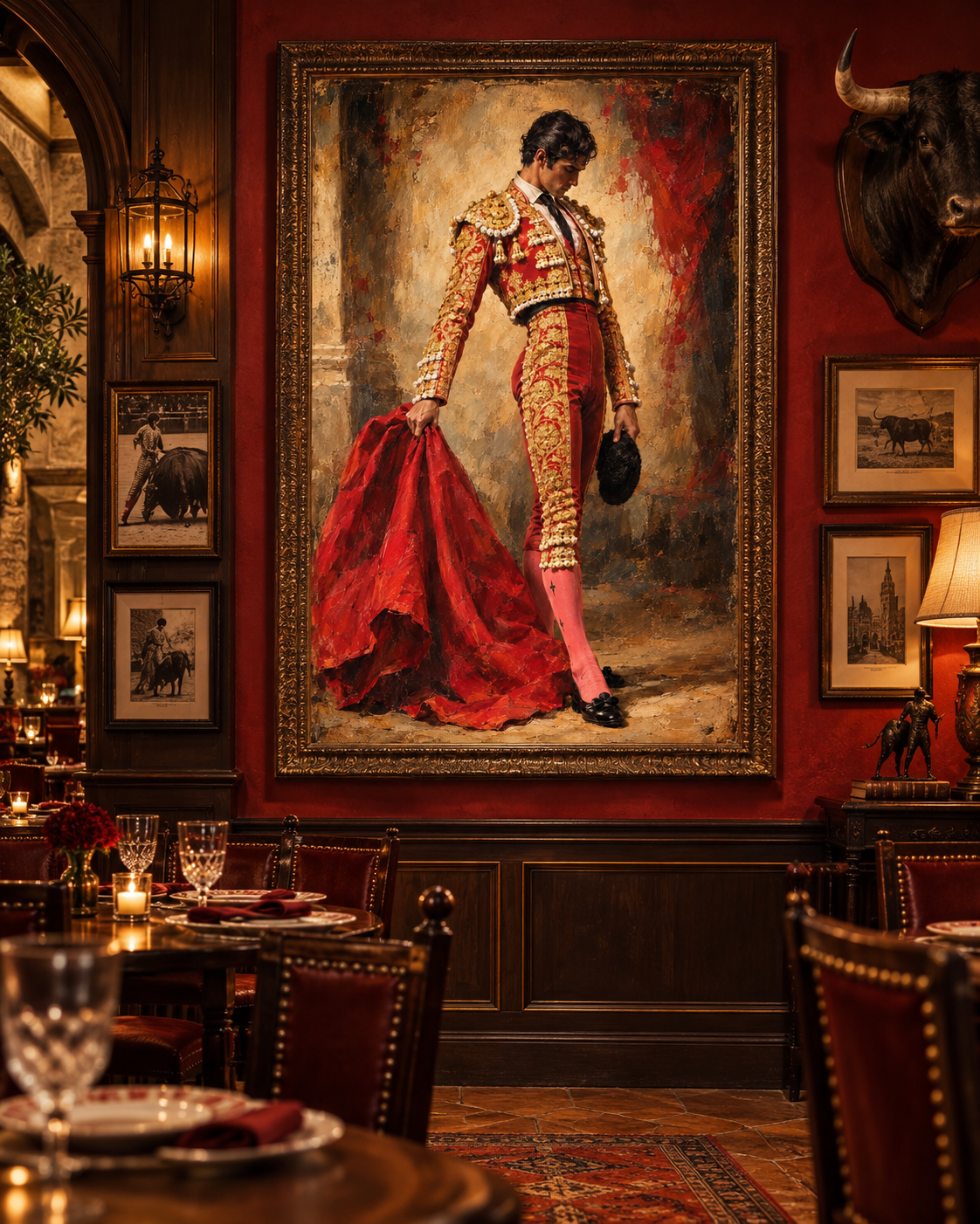 Cuadro taurino de torero sobre pared roja en un restaurante con cabeza de toro, fotografías taurinas y mesas con copas