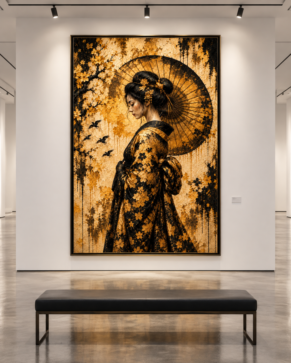 Lienzo de geisha bajo ramas de cerezo expuesto en una galería blanca con banco negro y focos en el techo