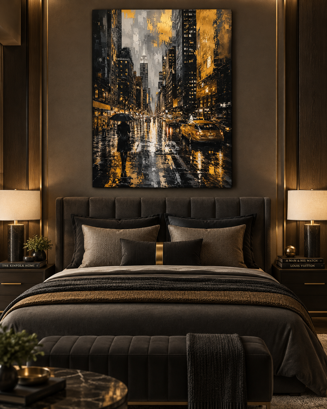 Nueva York Bajo la Lluvia | Lienzo de Arte Urbano en Negro y Dorado