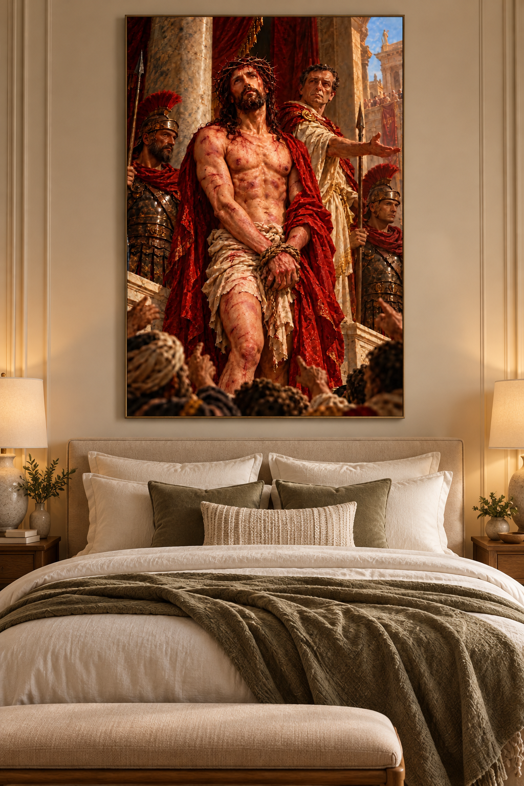 Cuadro del Ecce Homo sobre el cabecero de un dormitorio crema con manta verde oliva y lámparas de mesa