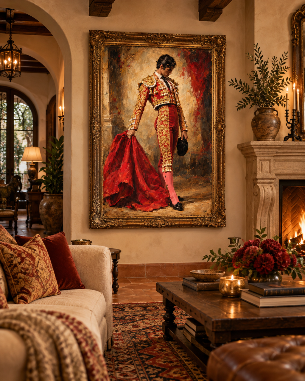 Lienzo de arte español con torero en rojo y oro junto a una chimenea de piedra en un salón con sofá crema y cojines rojos