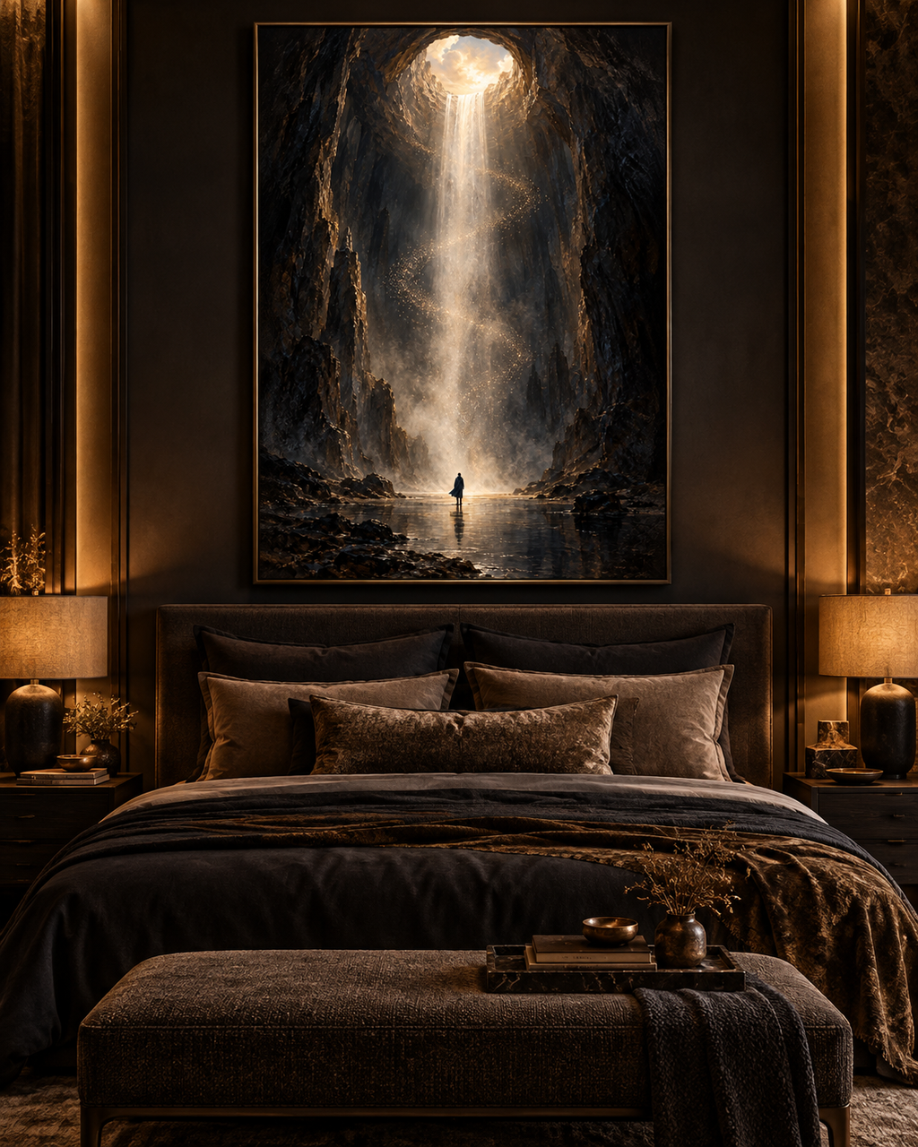 El Umbral de Luz, lienzo de cascada luminosa con figura en la orilla, sobre la cama de un dormitorio en tonos marrón