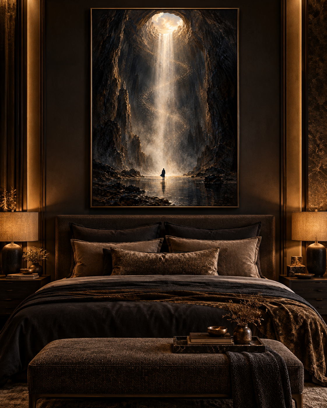 El Umbral de Luz, lienzo de cascada luminosa con figura en la orilla, sobre la cama de un dormitorio en tonos marrón