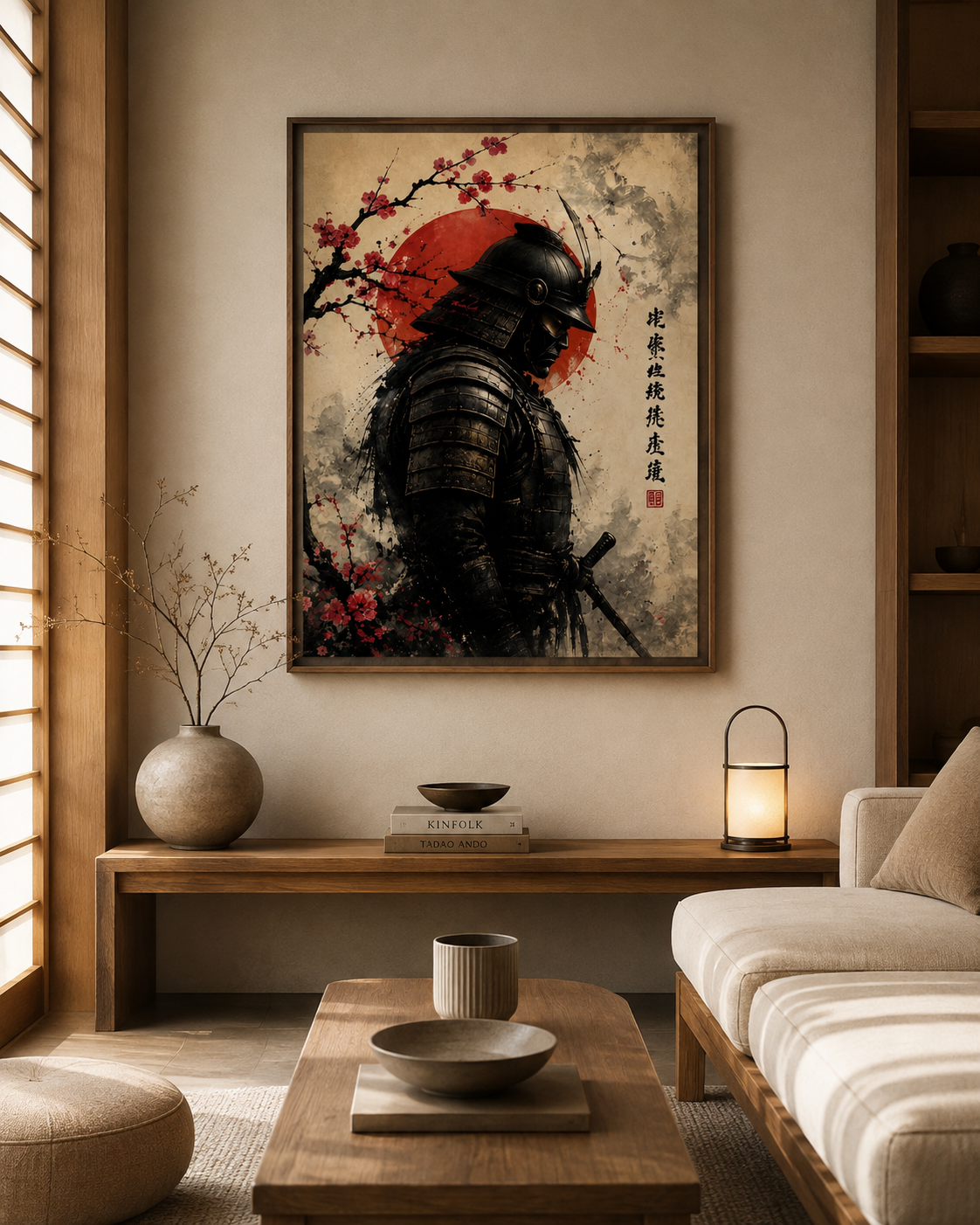 Detalle de la ilustración de samurái en tinta japonesa del lienzo Guardián del Sol Rojo
