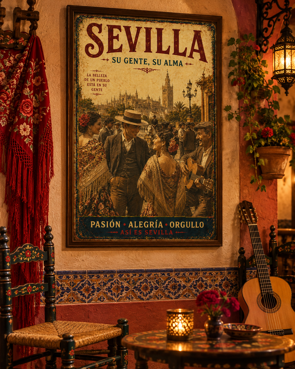 Cartel vintage Pasión Alegría Orgullo de Sevilla en una taberna con farol, enviado enrollado en tubo