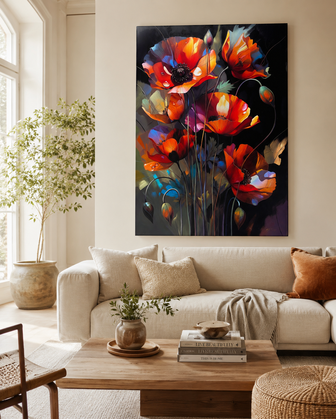 Lienzo floral de amapolas rojas y naranjas sobre fondo oscuro
