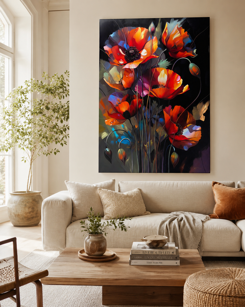 Lienzo floral de amapolas rojas y naranjas sobre fondo oscuro