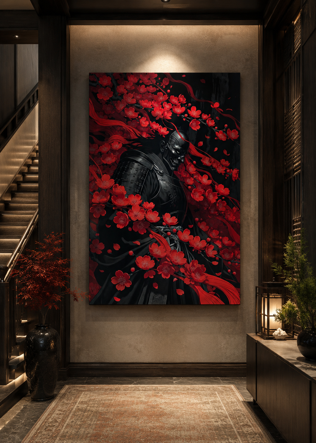 Arte de pared de guerrera japonesa entre sombras carmesí
