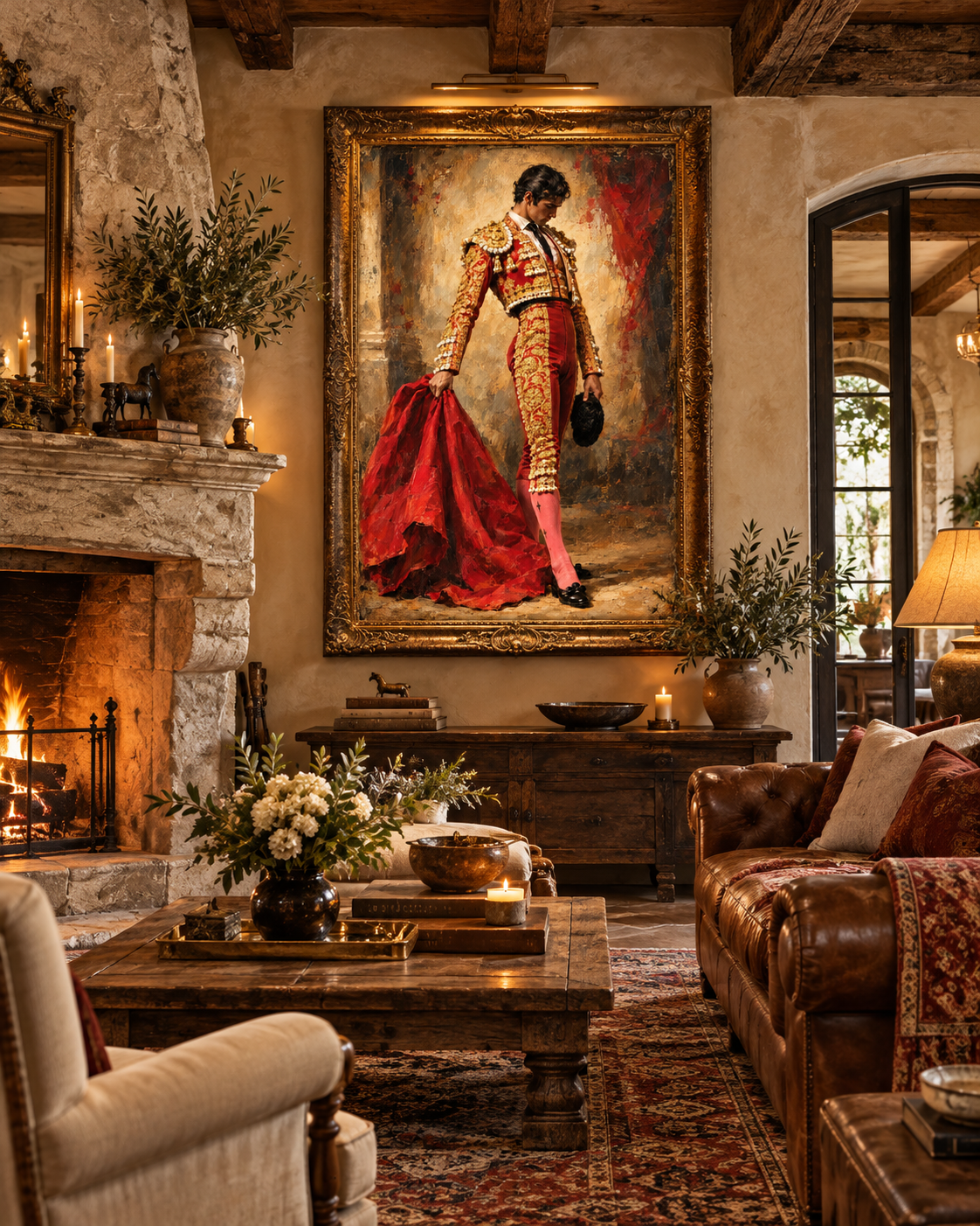Lienzo de torero con capote rojo en un salón rústico con chimenea de piedra, sofá de cuero marrón y flores blancas