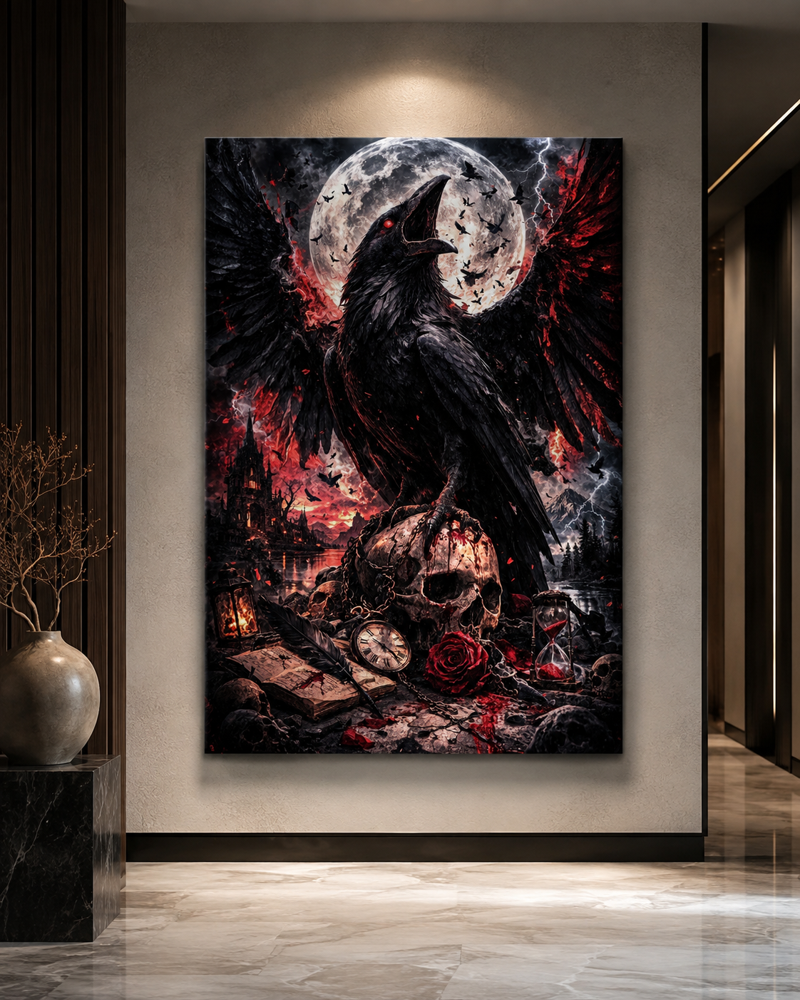 Lienzo de cuervo oscuro con composición de fantasía gótica