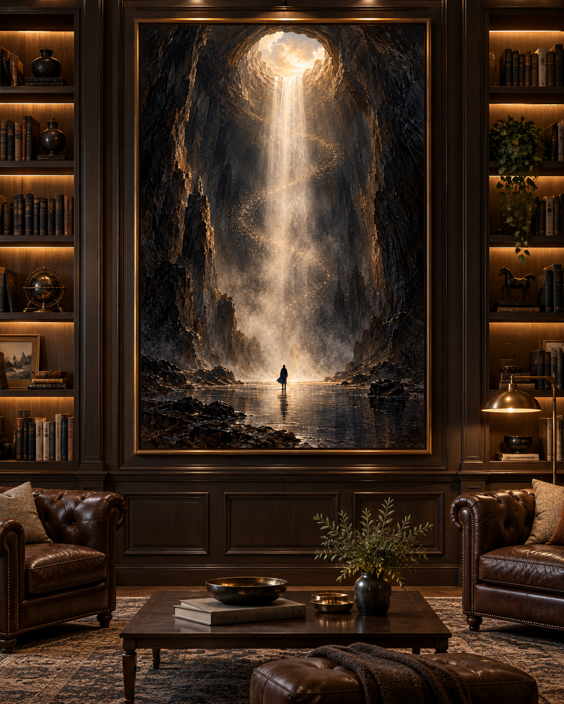 Cuadro de cascada sagrada con haz de luz dorada sobre una biblioteca oscura con sillones Chesterfield de cuero
