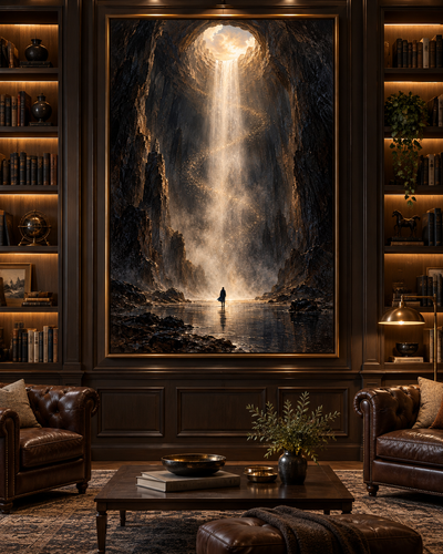Cuadro de cascada sagrada con haz de luz dorada sobre una biblioteca oscura con sillones Chesterfield de cuero