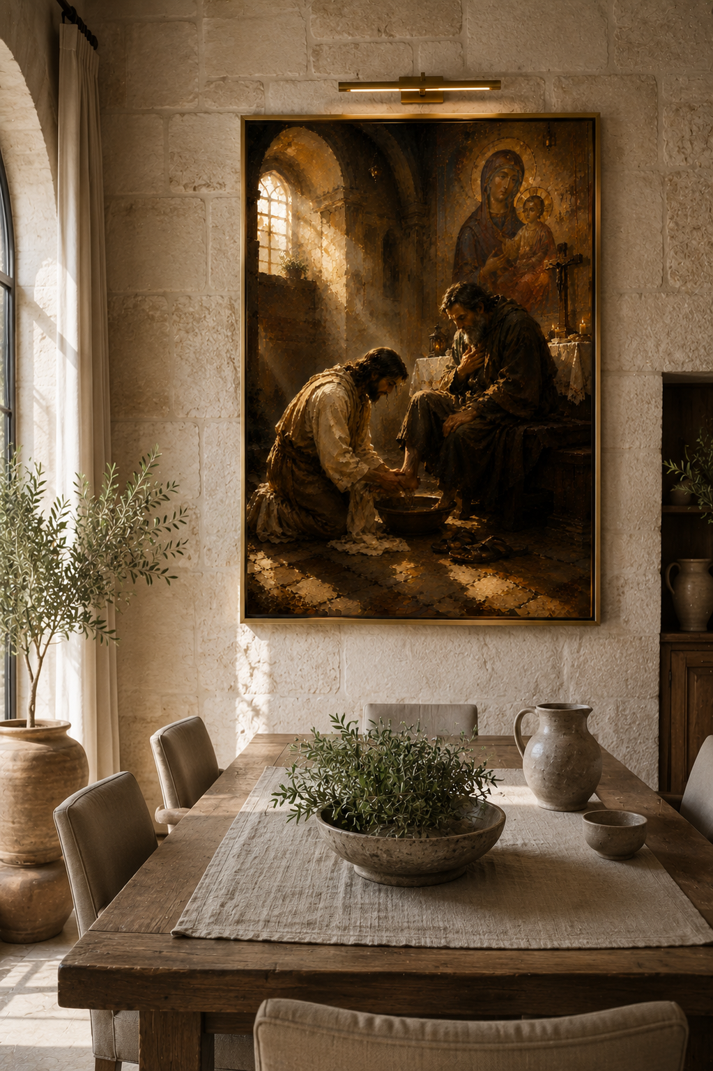 Lienzo de arte sagrado en un salón tradicional elegante